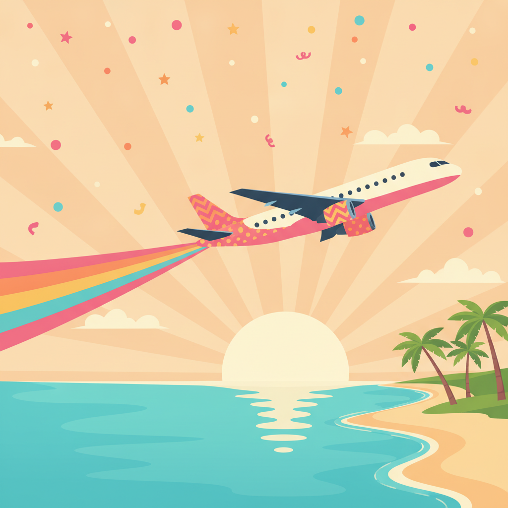 Colourful illustration of a plane taking off over a tropical coastline for the Qantas holiday season sale
